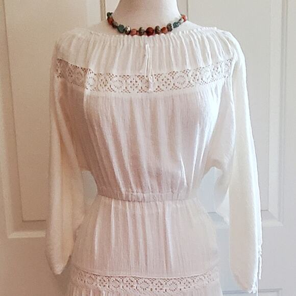 Vintage circa 1978 Bohemian Crochet Panels and Woven Cotton blend Midi Dress SzS - Picture 3 of 11